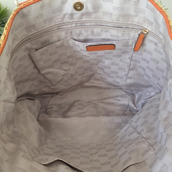 Michael Kors Santorini Raffia Basket Tote Tan Straw Tangerine Leather MK Charm - Picture 10 of 12